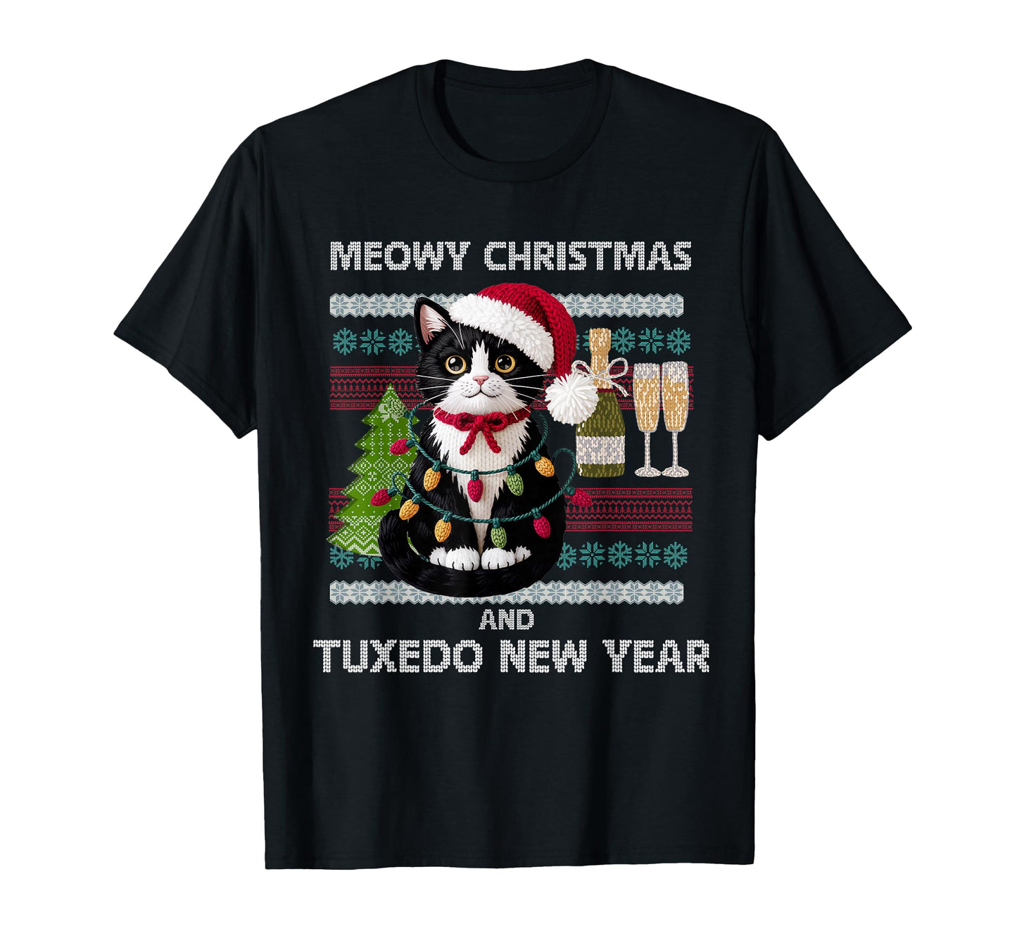 Meowy Christmas Funny Tuxedo Cat Santa Hat Ugly Sweater T-Shirt
