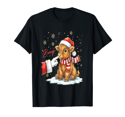 Santa Farmer Funny Western Hand Boop Christmas Highland Cow T-Shirt