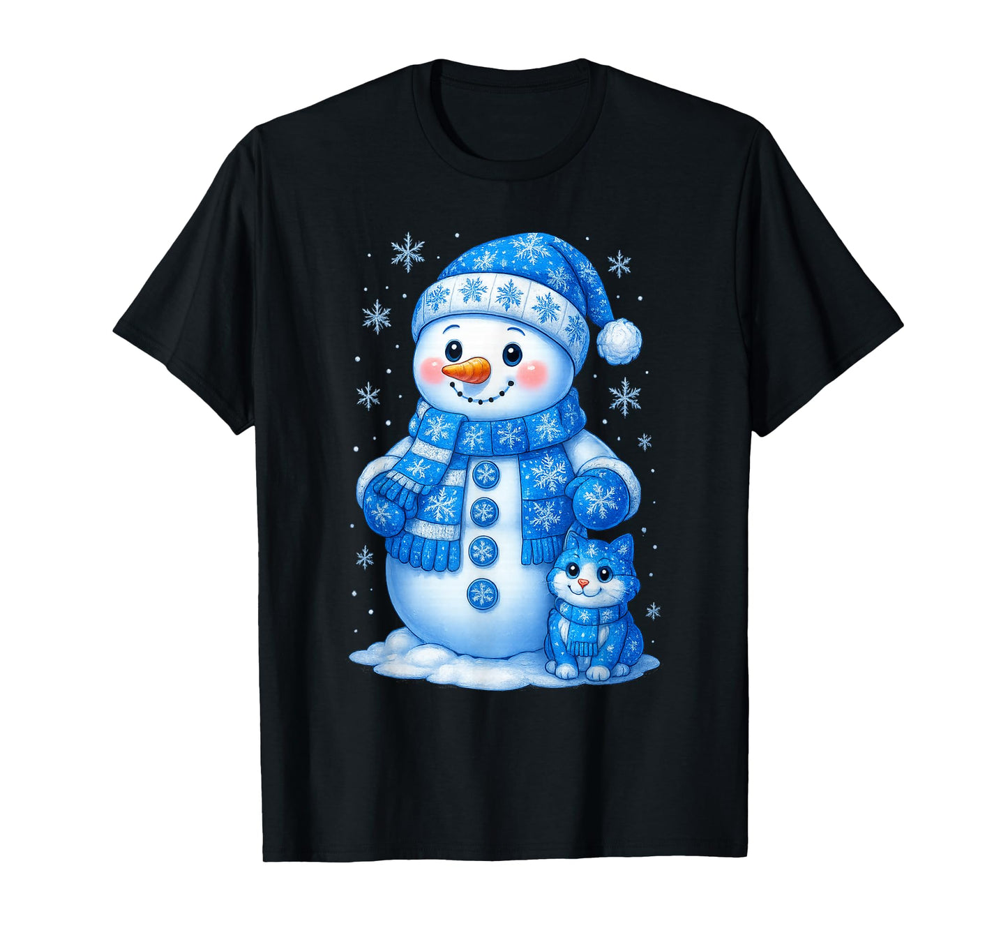 Cute Snowman and Cat Christmas Winter Snowflake Holiday T-Shirt