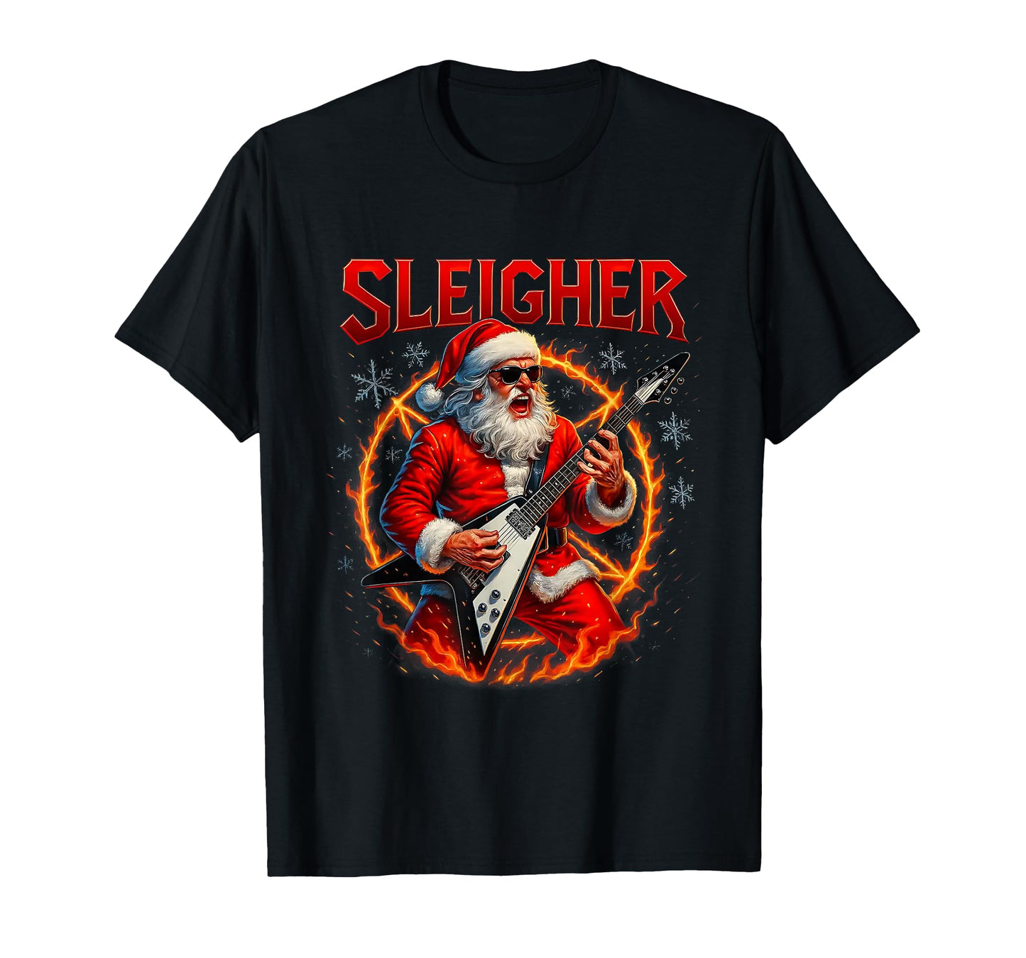 Sleigher Metal Santa Rocking Christmas Design T-Shirt