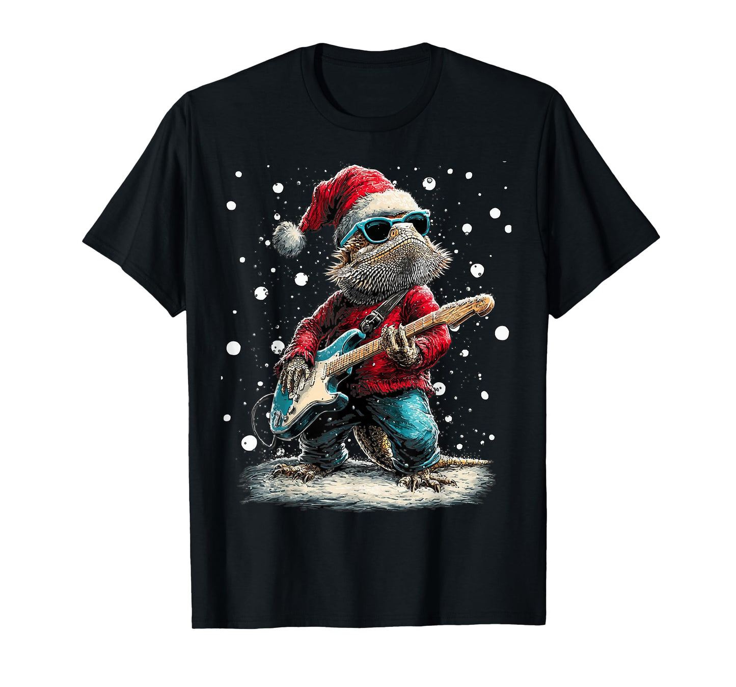Christmas Bearded Dragon Playing Guitar Musician Animal T-Shirt