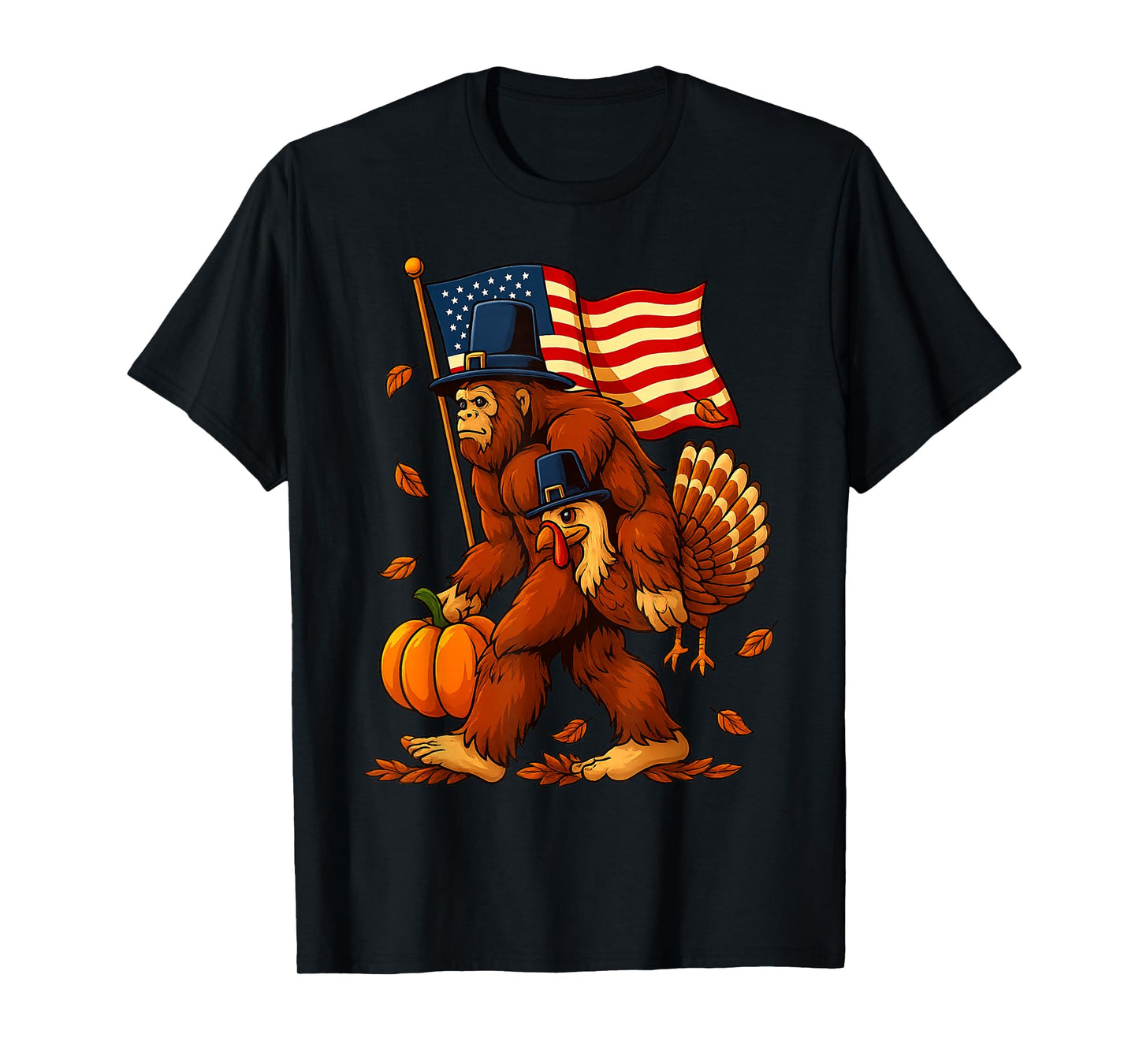Funny Bigfoot Turkey Thanksgiving American Flag Pumpkin Fall T-Shirt