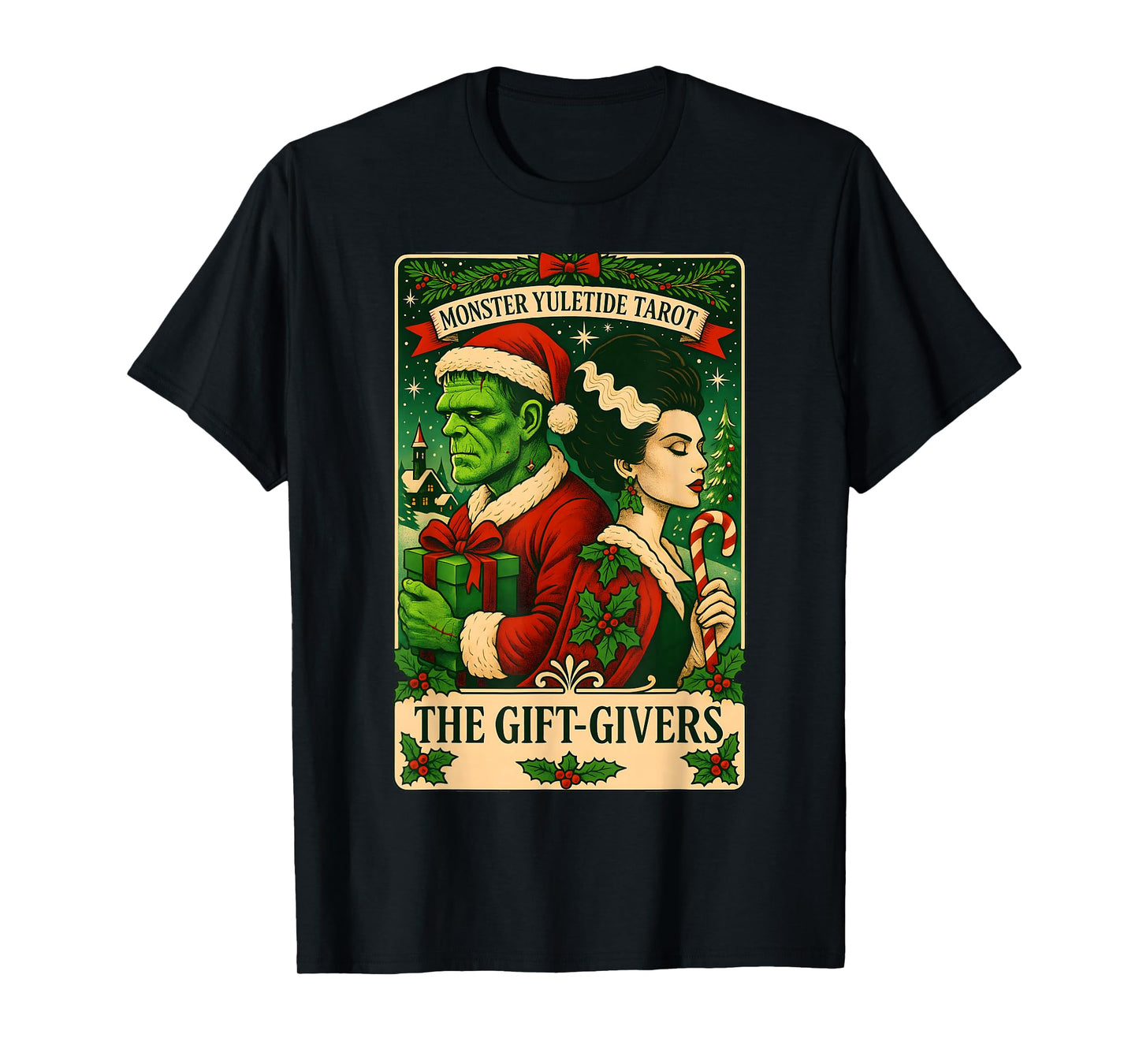 Christmas Frankenstein and Bride The Lovers Tarot Card T-Shirt