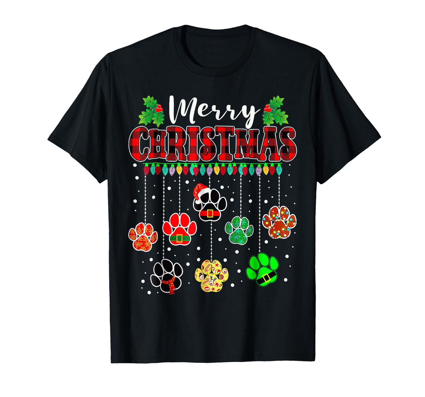 Merry Christmas Lights Dog Paw Xmas T-Shirt