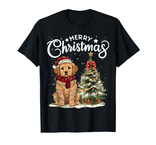 Golden Retriever Merry Christmas Dog Santa Hat Tree Lights T-Shirt