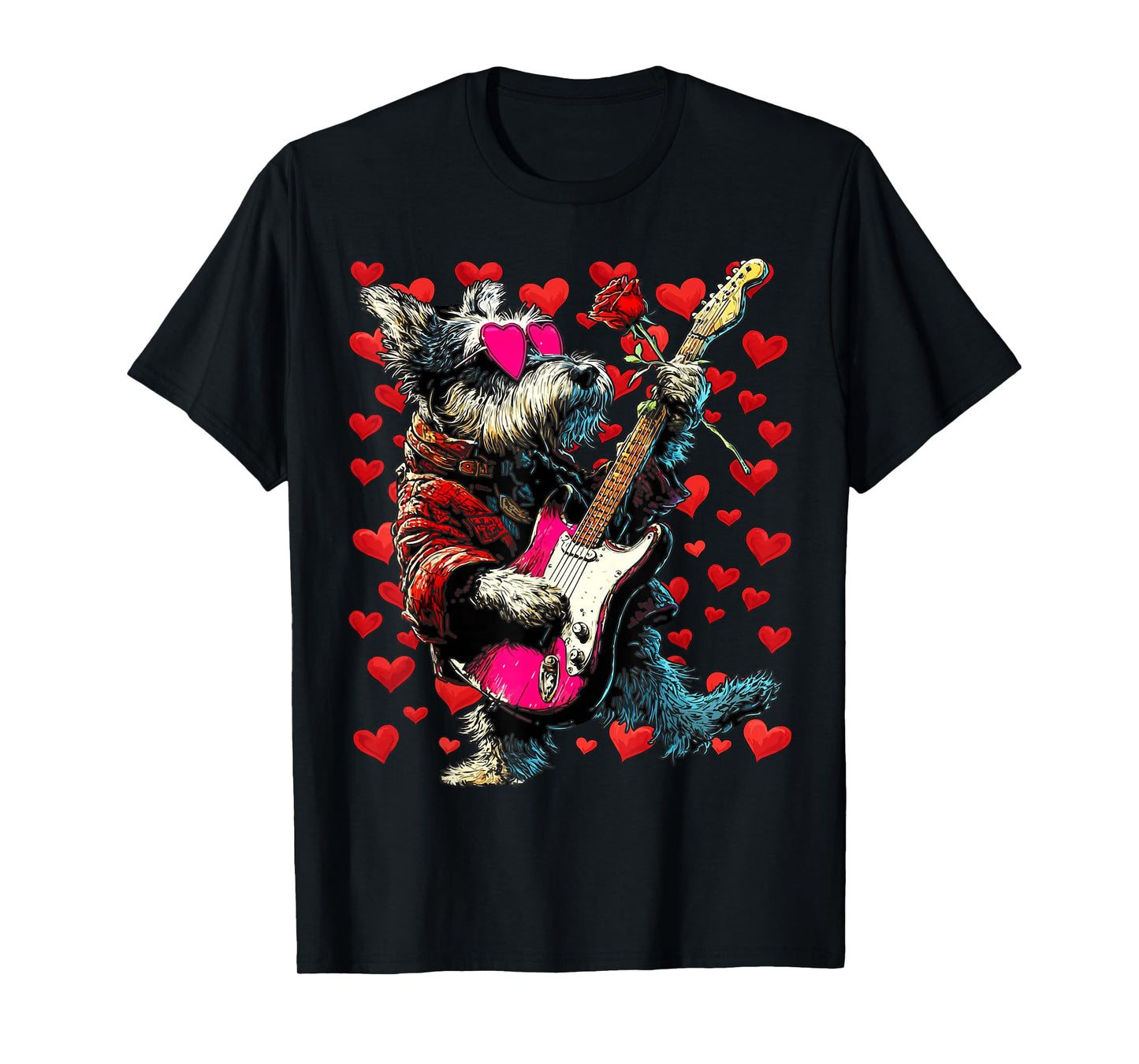 Cute Schnauzer Playing Guitar Guitarist Dog Valentine’s Day T-Shirt