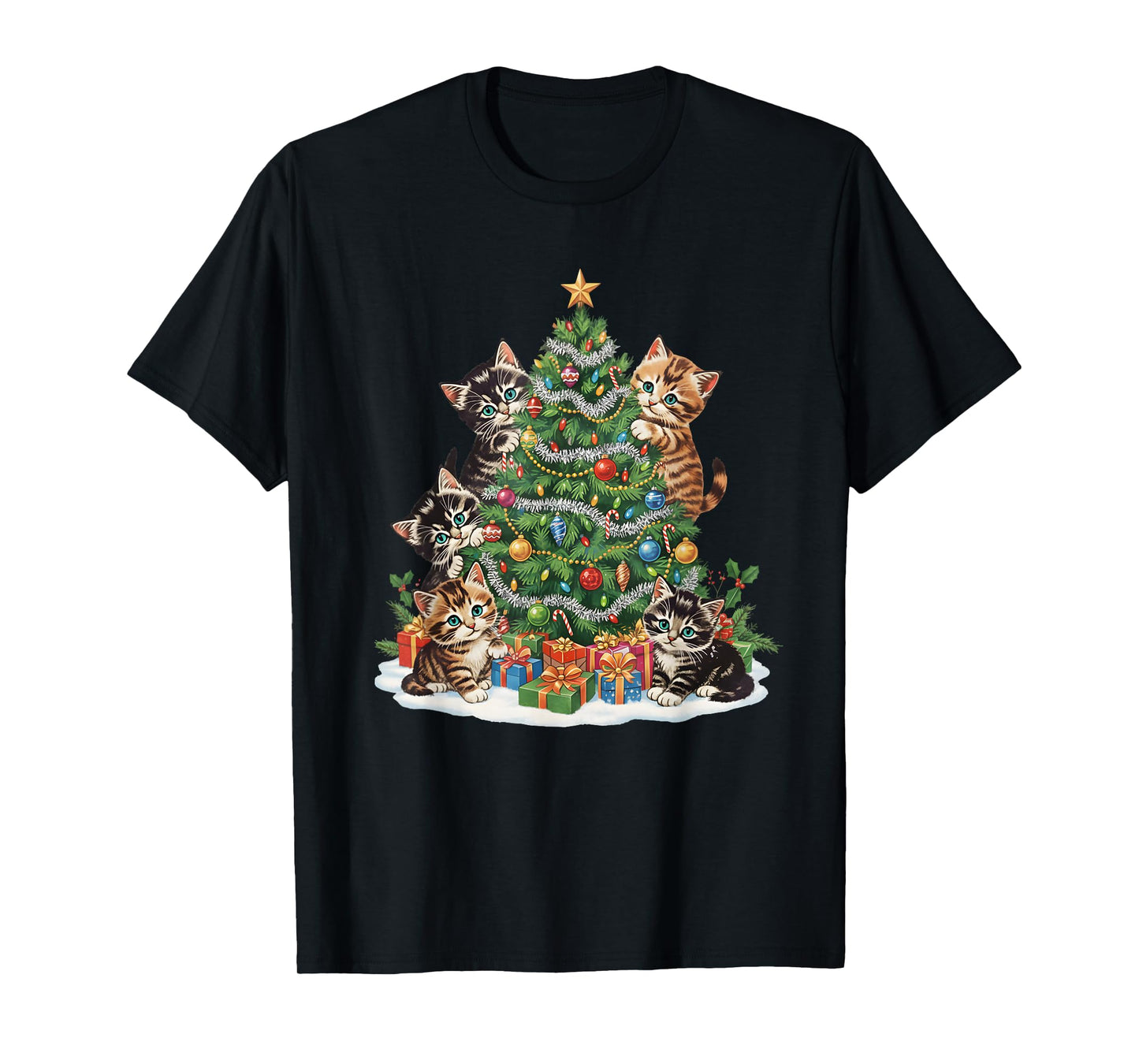 Vintage Retro 90's Cat Christmas Tree Pet Lover Pajama T-Shirt