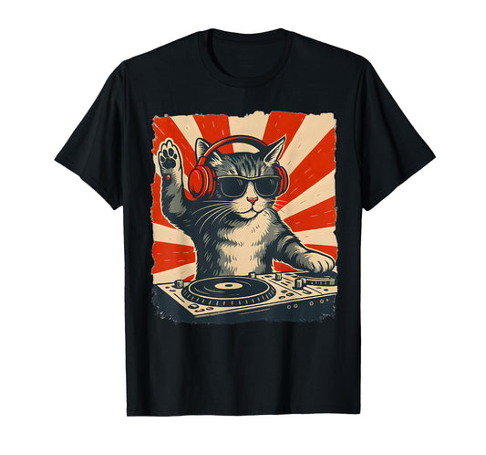 Cat Dj Headphone Turntable Vintage Music EDM Men Women Kids T-Shirt