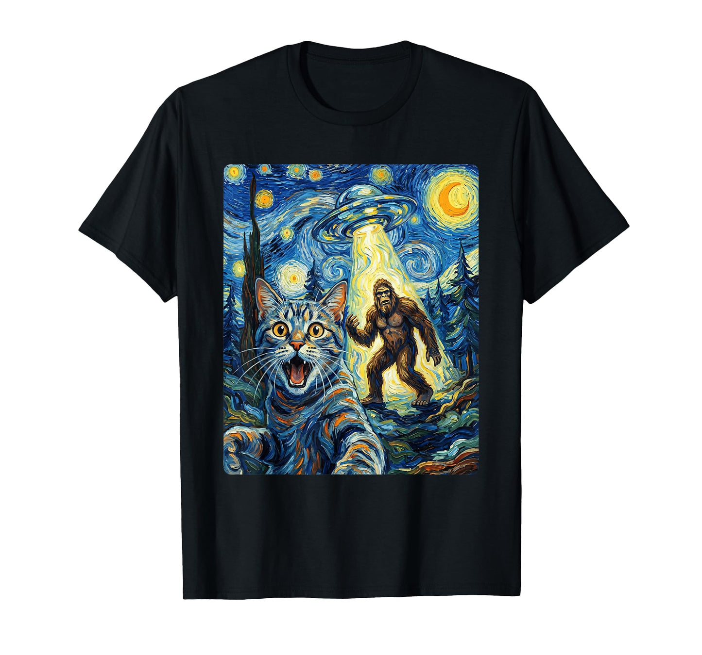 Cat Selfie with Bigfoot & UFO | Funny Sasquatch Cat Van Gogh T-Shirt
