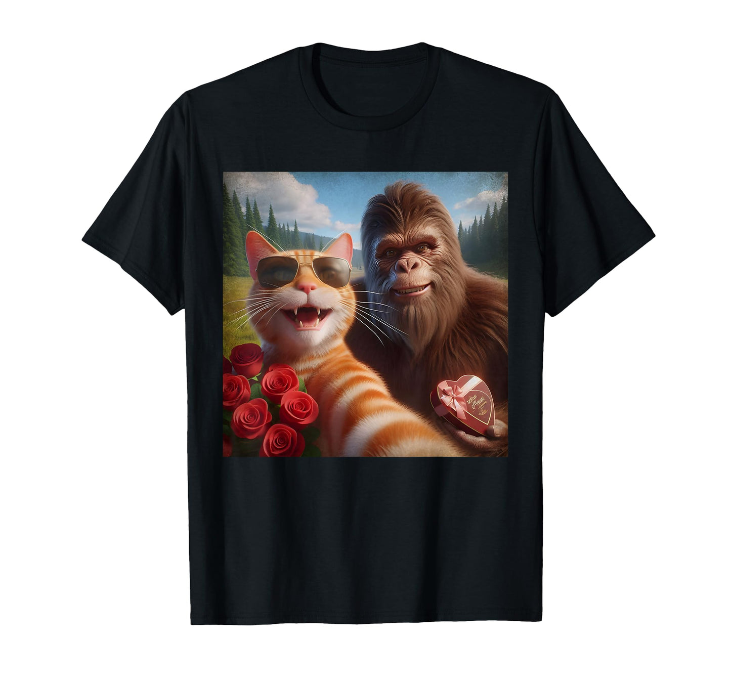 Funny Valentine Cat and Bigfoot Selfie Meme T-Shirt