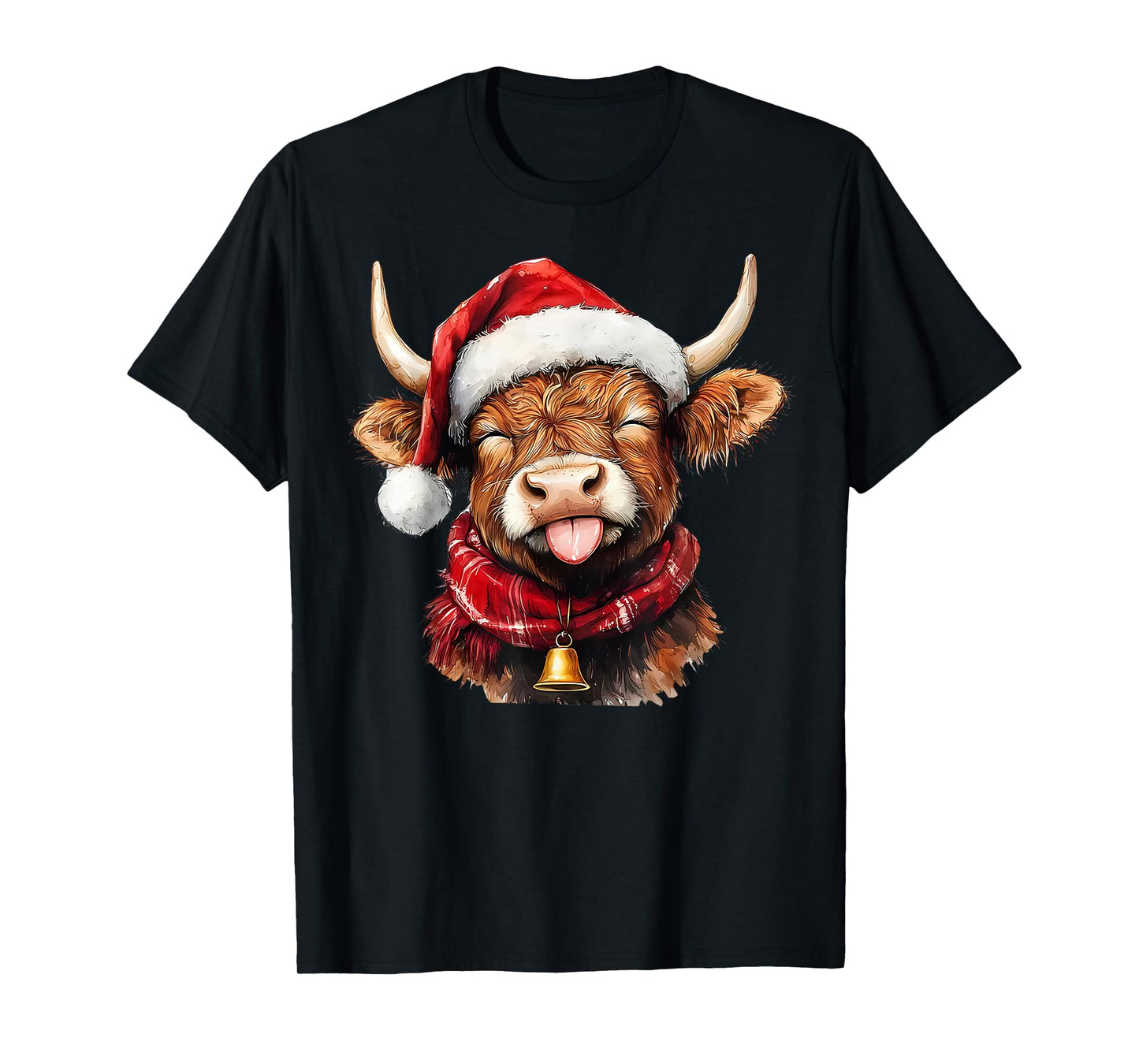 Highland Cow Red Santa Hat Scarf Bell Tongue Out Christmas T-Shirt