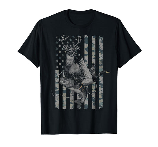 Hunting and Fishing Distressed Camo American Flag T-Shirt