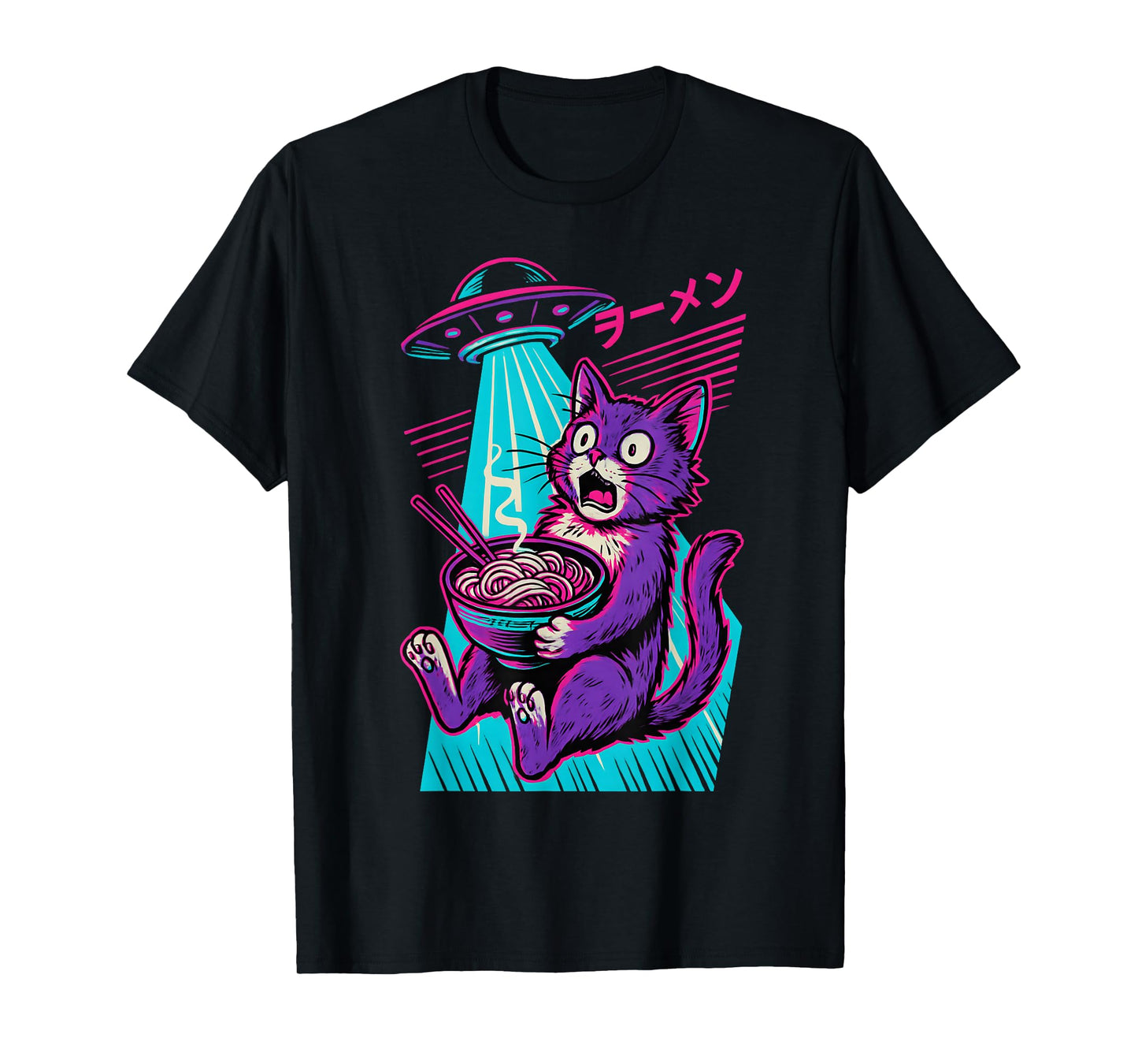 Cat Eating Ramen UFO Anime Japanese Men Women Teens Kids T-Shirt