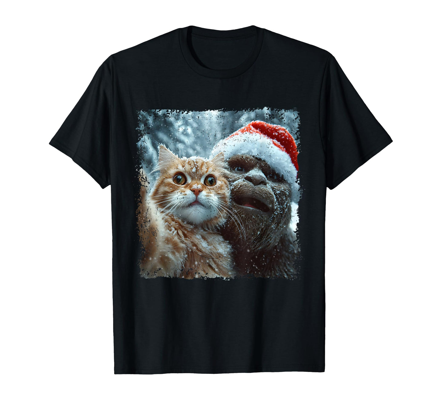 Funny Bigfoot and Cat Christmas Selfie Design T-Shirt