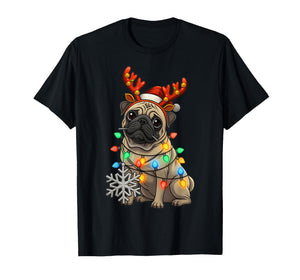 Festive Pug with Christmas Lights and Snowflake Design T-Shirt