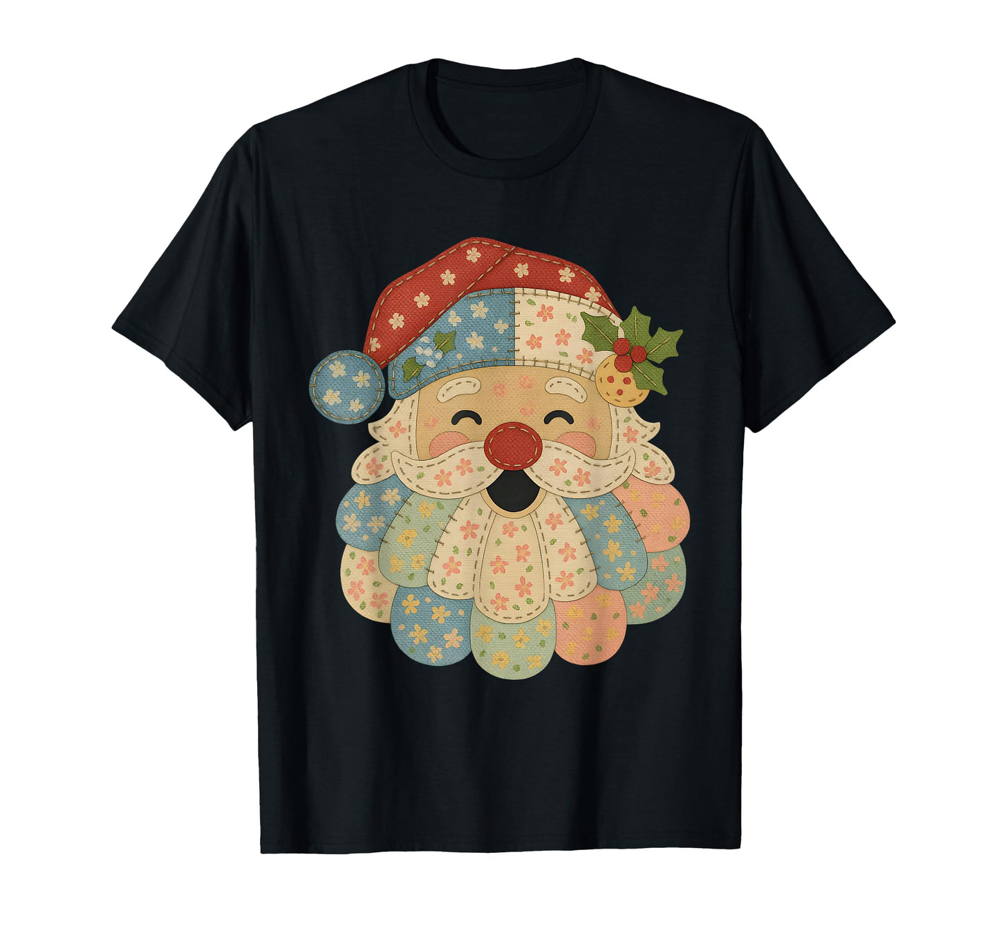 Pastel Patchwork Santa Vintage Quilt Christmas Tee T-Shirt