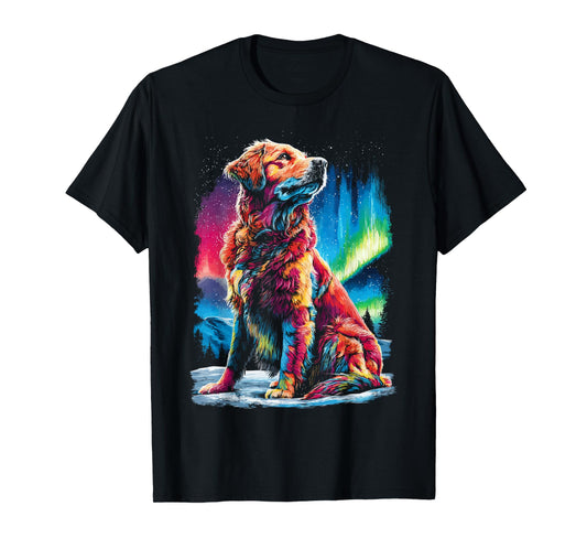 Colorful Golden Retriever Dog Aurora Borealis Winter Forest T-Shirt
