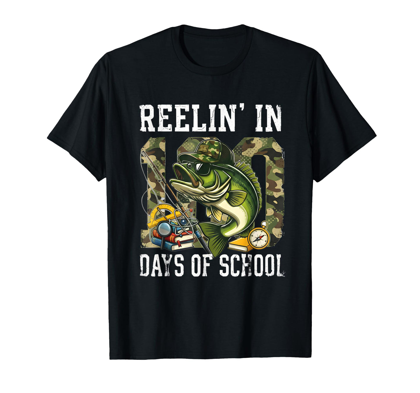 Reelin' in 100 Days of School Bass Camo Fishing Lover Boys T-Shirt