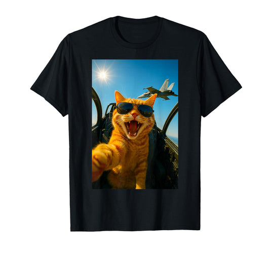 Funny Fighter Jet Cat Selfie Cool Sunglasses Aviation Humor T-Shirt