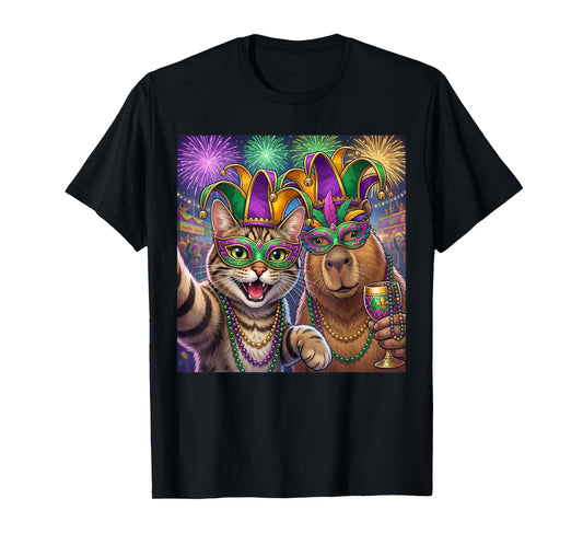 Funny Cat Capybara Selfie Mardi Gras Carnival Party Art T-Shirt