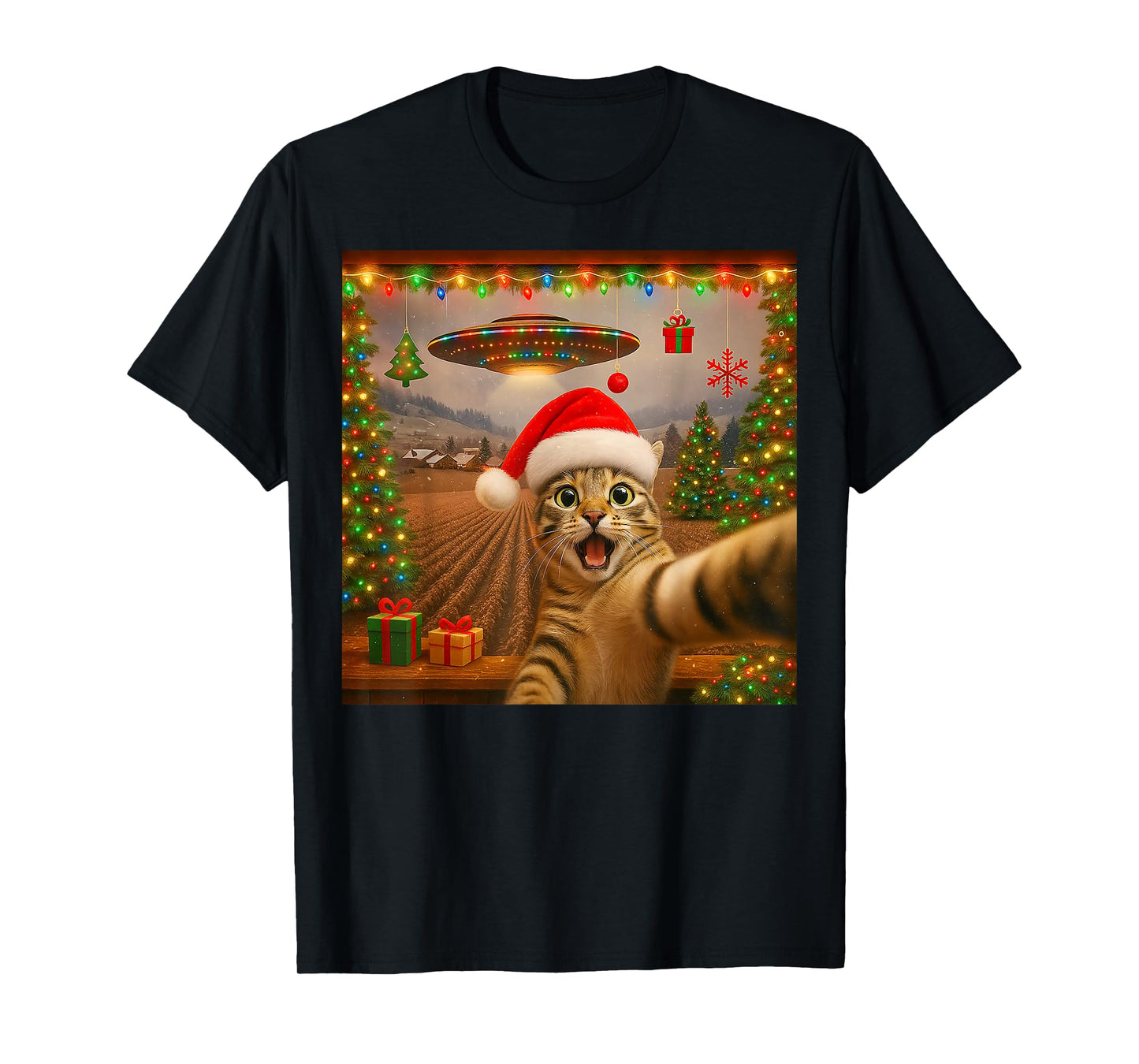 Funny Cat Selfie with Alien UFO Christmas Lights Santa Hat T-Shirt