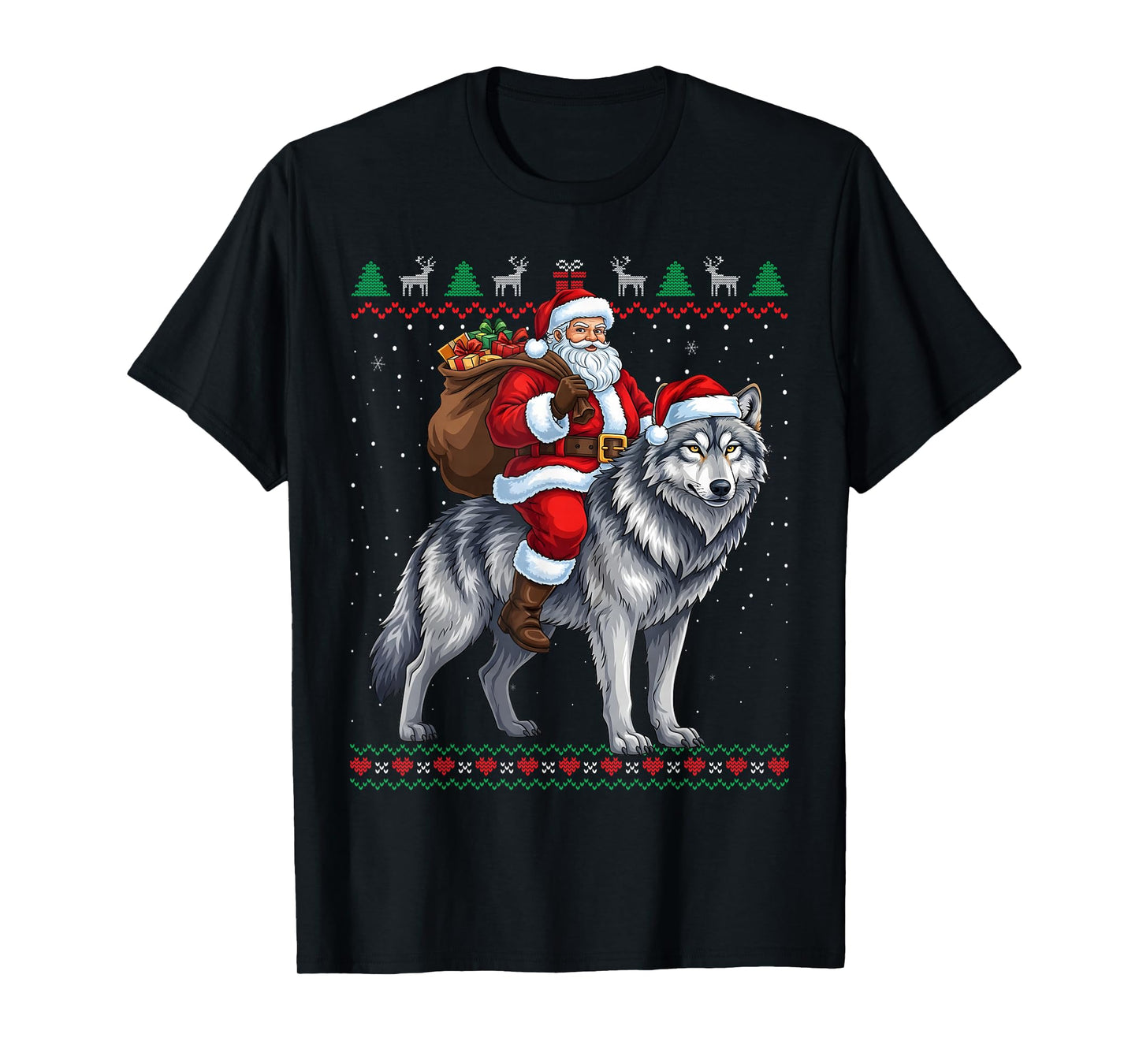 Santa Riding a Wolf Christmas Funny Ugly Sweater T-Shirt