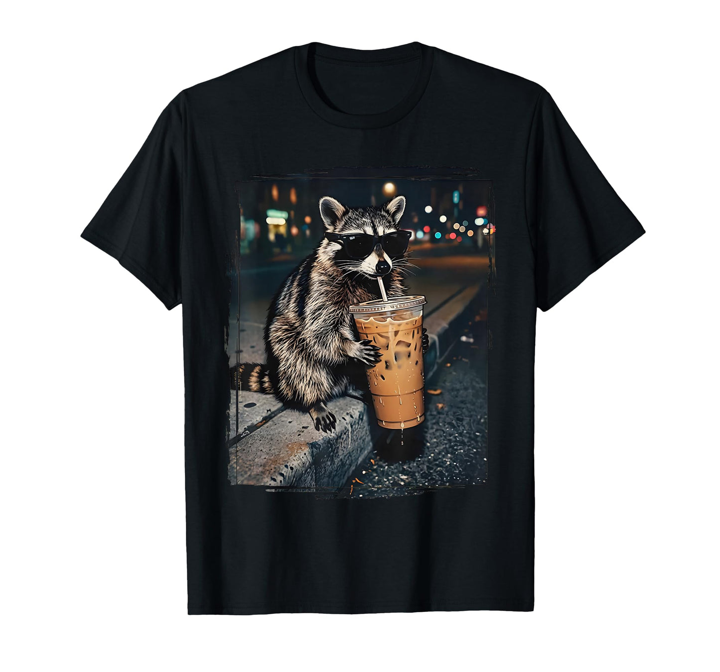 Feral for Iced Coffee Funny Cool Raccoon Drinking Sunglasses T-Shirt