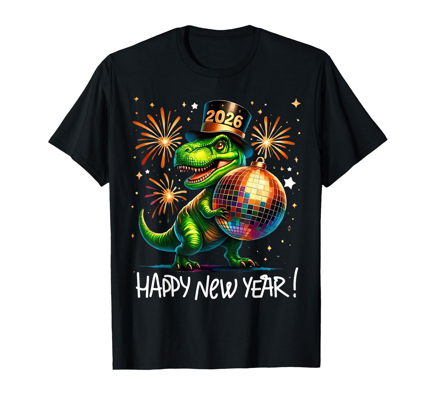 T Rex Happy New Year 2026 Disco Ball Fireworks Tee T-Shirt