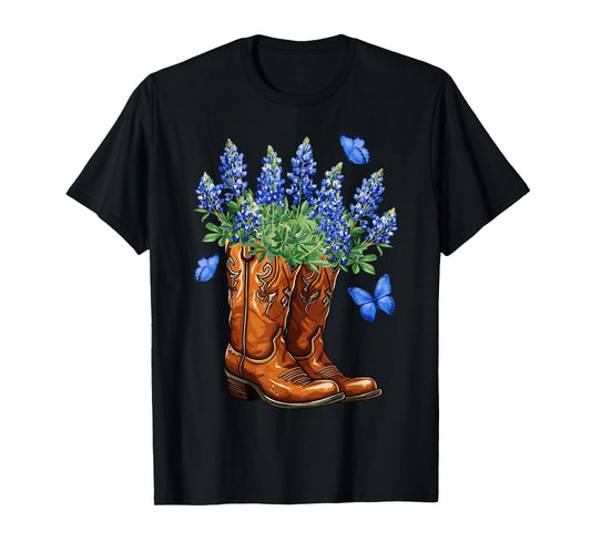 Texas Independence Day Cowgirl Boots & Bluebonnet Flowers T-Shirt