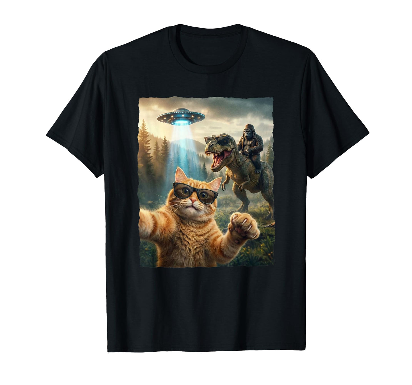 Funny Cat T-Rex Bigfoot Design UFO Selfie T-Shirt