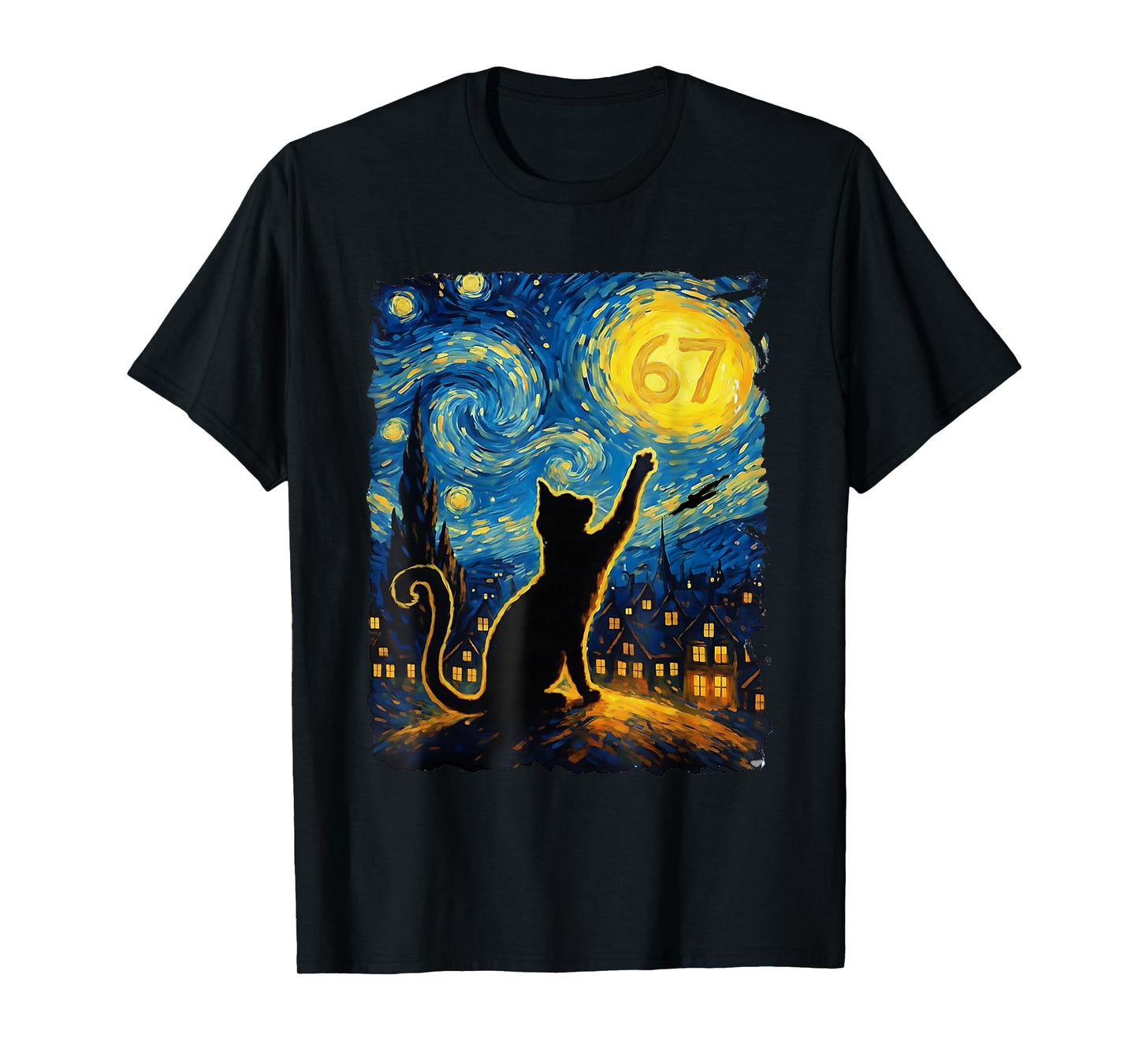 Funny Six Seven 6 7 Meme Starry Night Van Gogh Black Cat T-Shirt