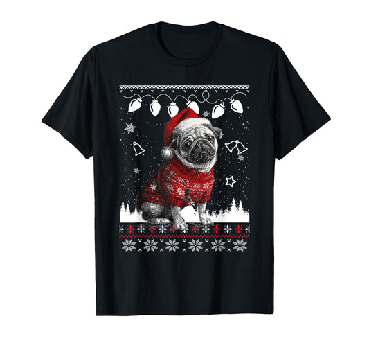 Cute Pug Christmas Wearing Sweater Funny Xmas Dog T-Shirt