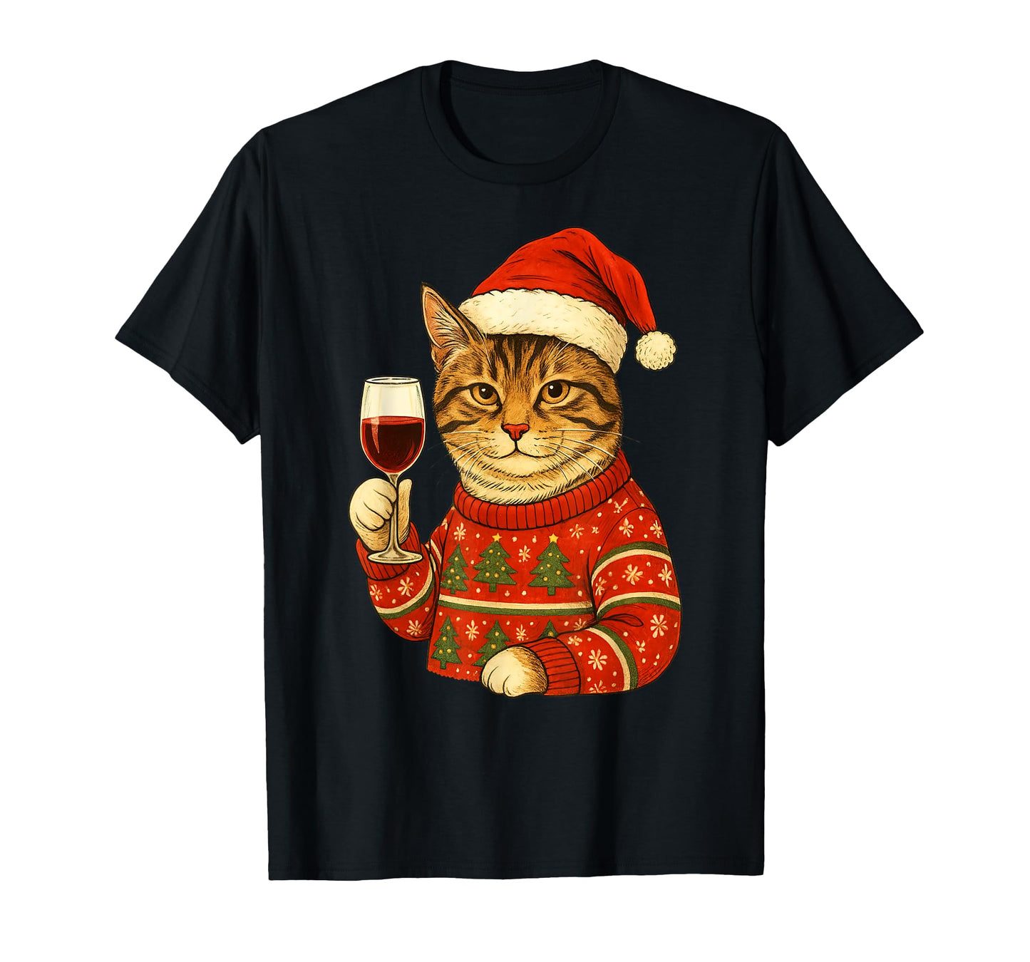Christmas Santa Cat Drinking Wine Cute Kitten Holding Wine T-Shirt