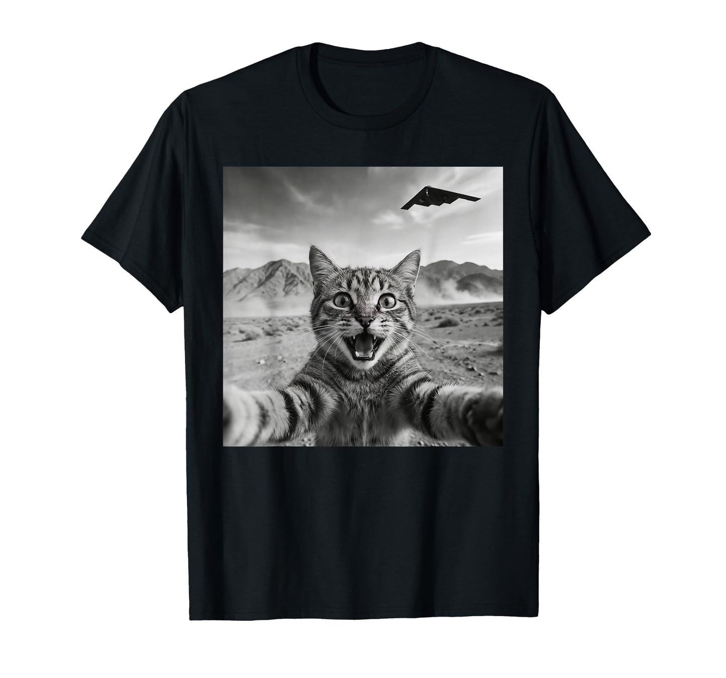 B-2 Bomber Stealth Flyover USA UFO Aircraft Funny Cat Selfie T-Shirt