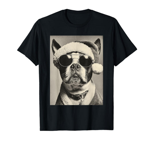 Boston Terrier with Sunglasses Retro Christmas Festive Dog T-Shirt