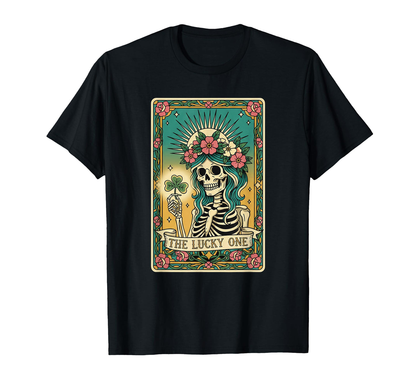 The Lucky One Tarot Card St Patricks Day Shamrock Skeleton T-Shirt
