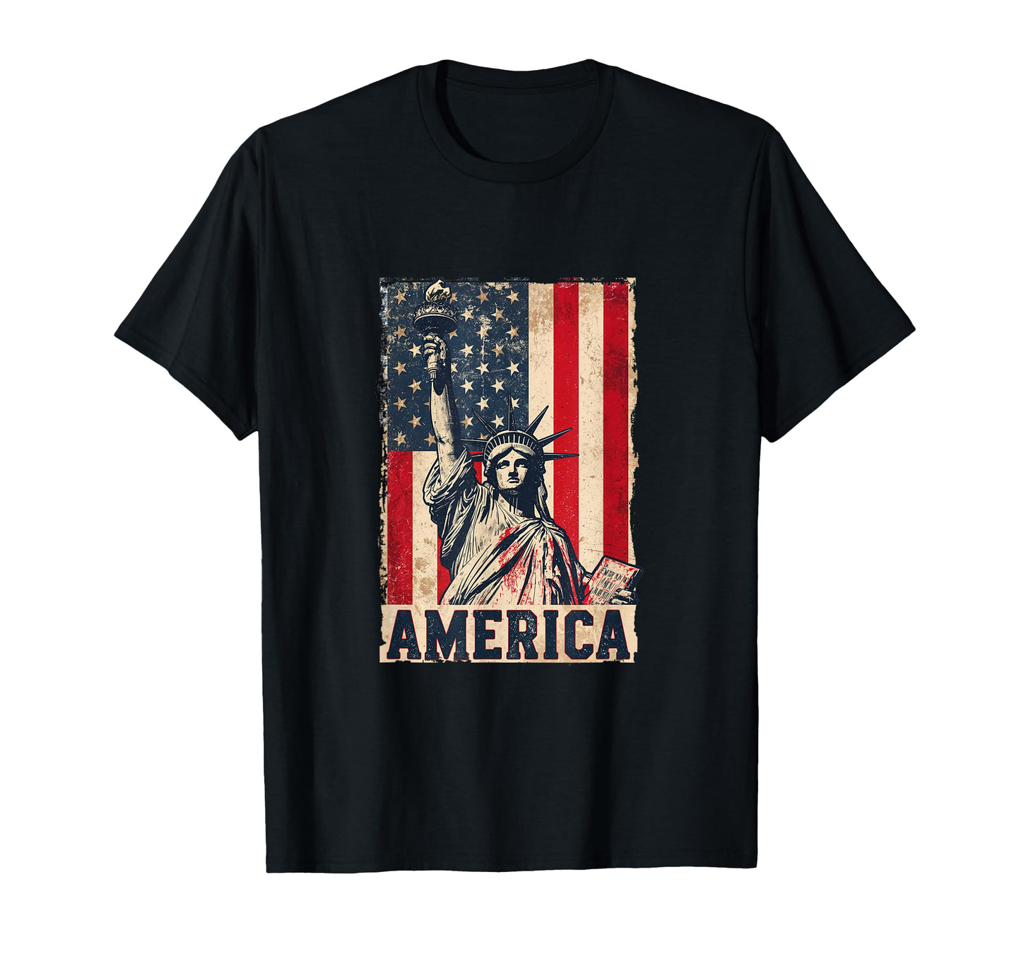 America Flag with Statue of Liberty Vintage Art T-Shirt