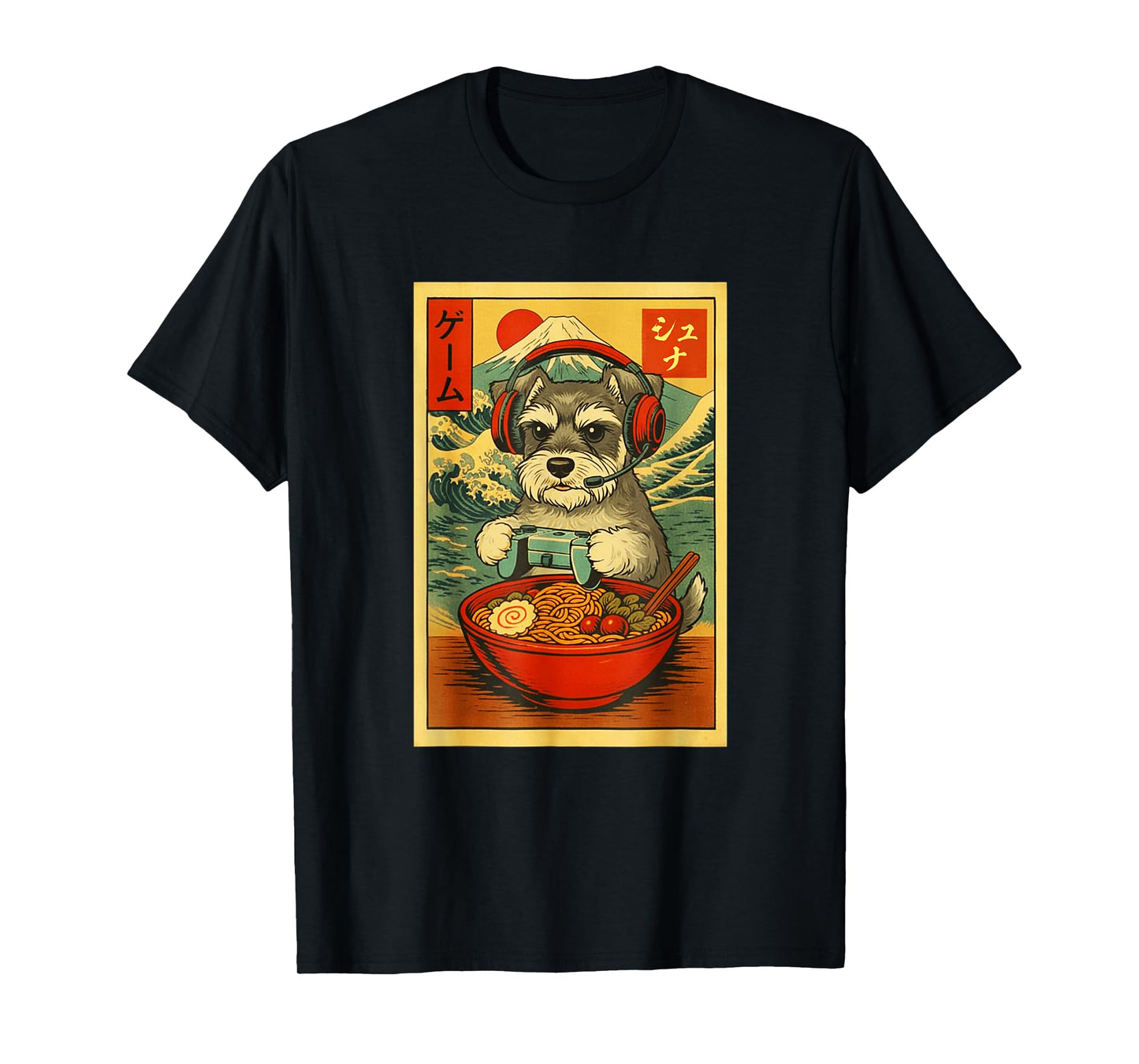 Schnauzer Dog Gaming Ramen Japanese Ukiyo-e Great Wave Retro T-Shirt