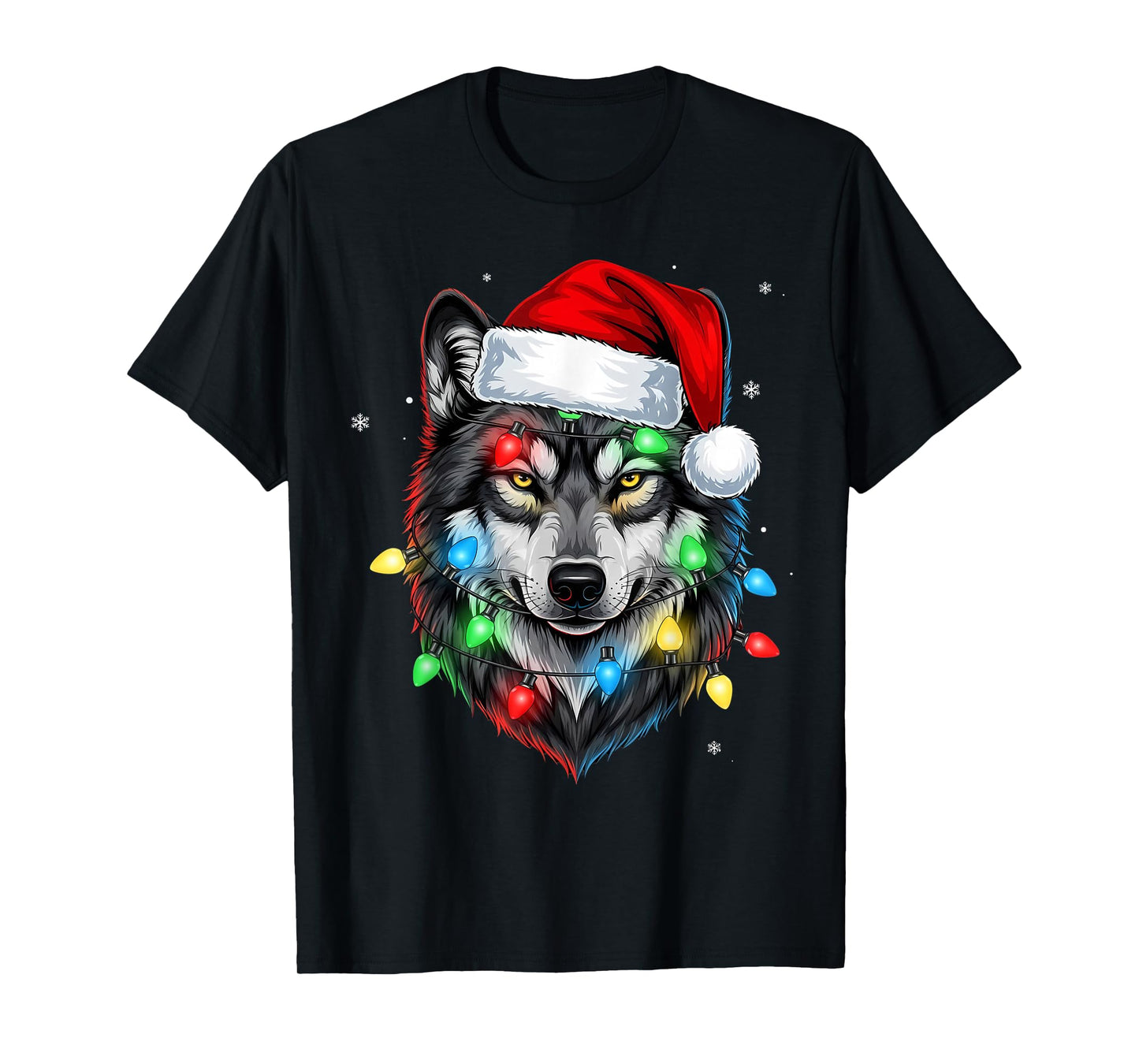 Christmas Lights Wolf Santa Hat Cute Xmas Pajamas T-Shirt