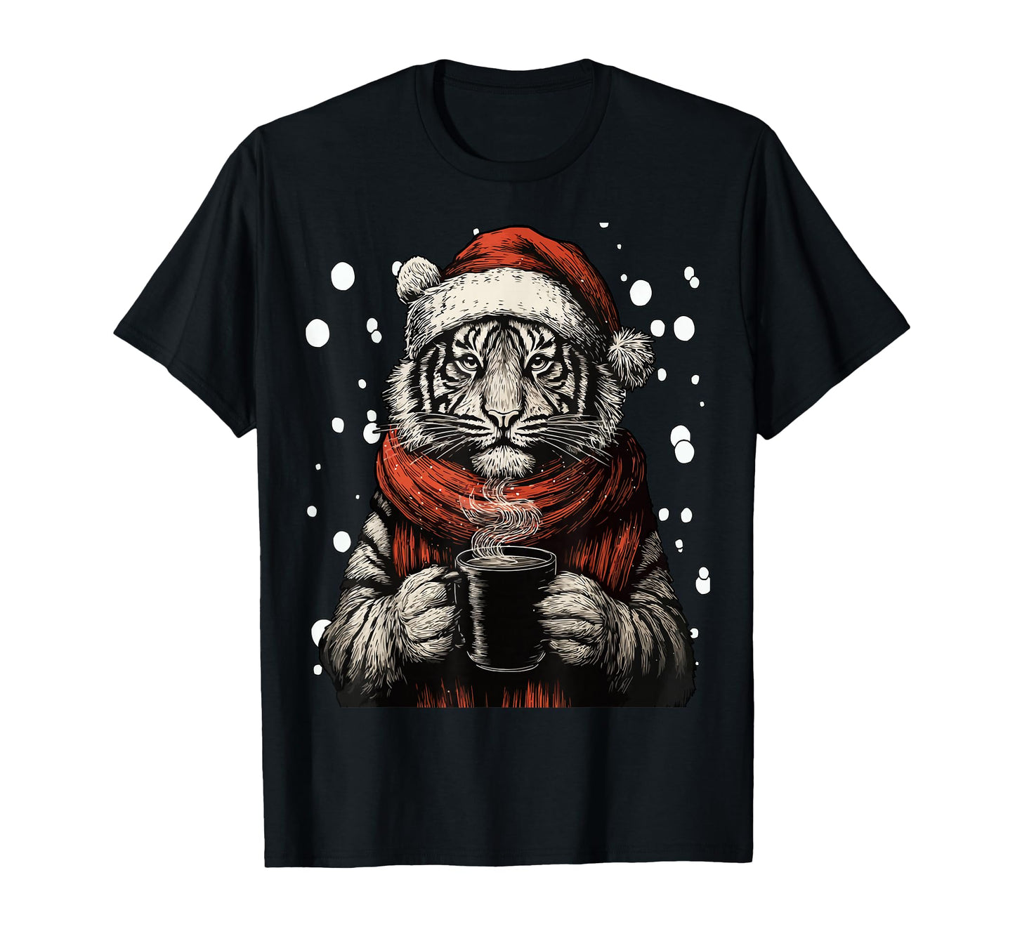 Christmas Tiger with Santa Hat Coffee Lover Funny Winter T-Shirt