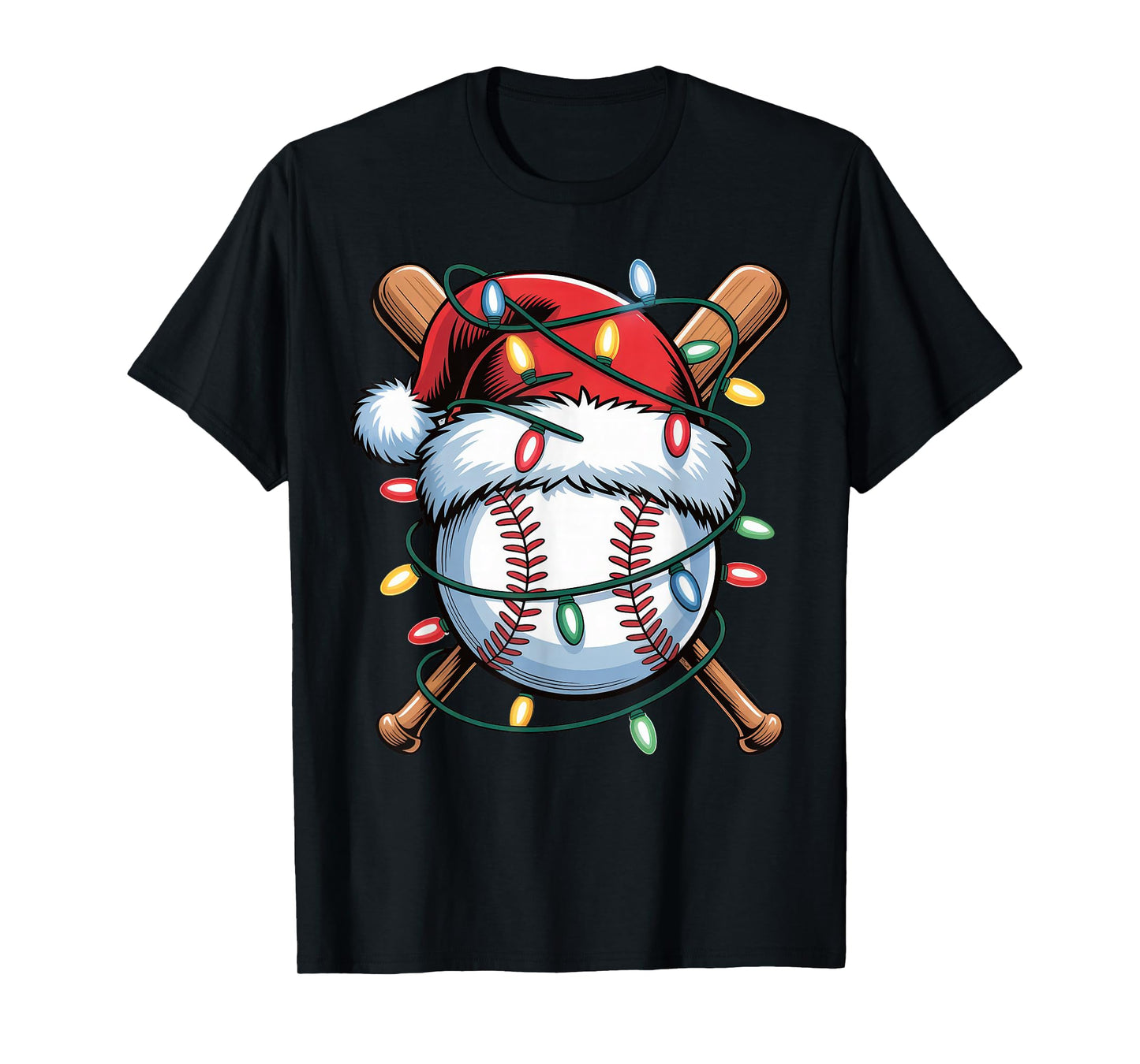 Baseball Christmas Lights Men Boys Youth Santa Sports T-Shirt