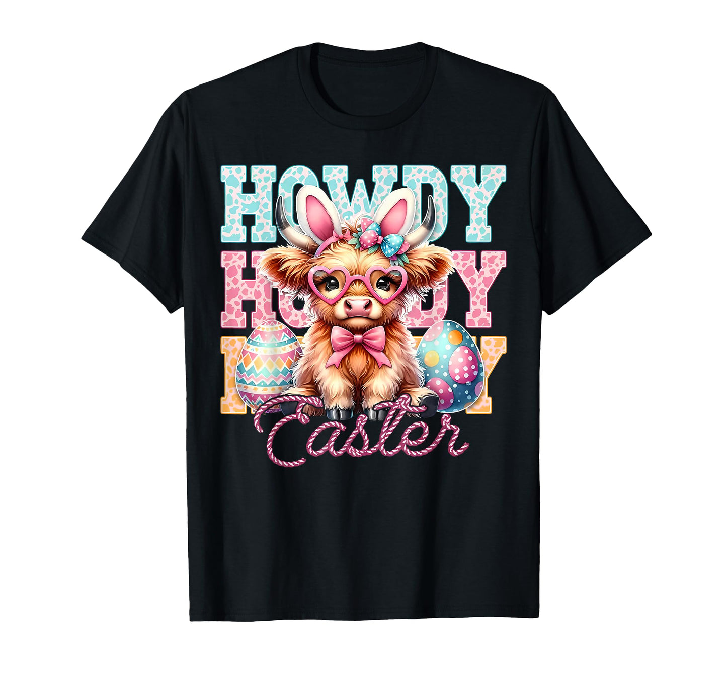 Cute Highland Cow Howdy Easter Coquette Bow Bunny Ears T-Shirt
