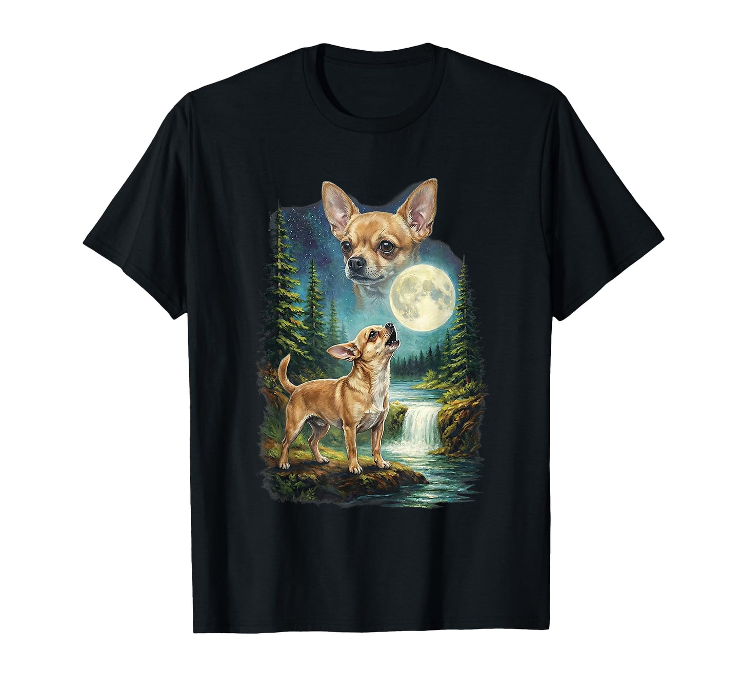 Chihuahua Dog Moonlit Night Art Chihuahua Howling at Moon T-Shirt