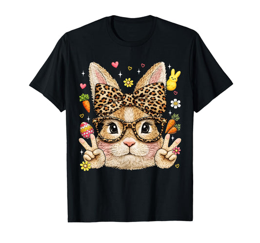 Cute Bunny Rabbit Face Leopard Coquette Bow Glasses Girl Kid T-Shirt