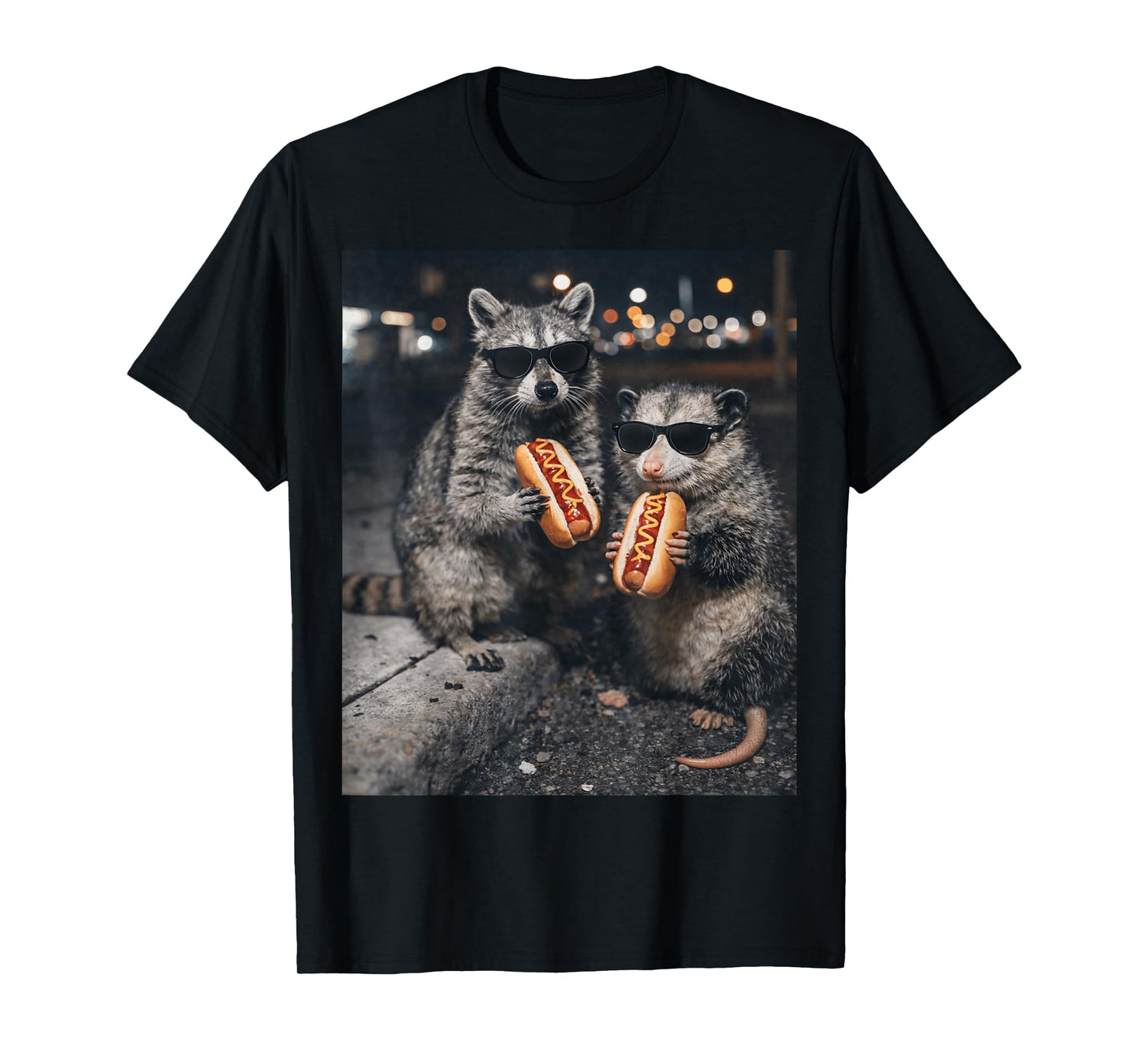 Funny Raccoon and Opossum Eating Hotdogs. Raccoon Lover T-Shirt