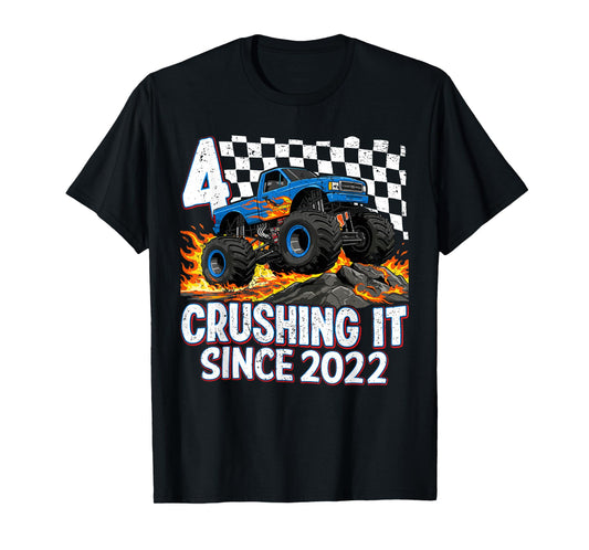 4th Birthday Monster Truck 4 Year Old Boys Party Born 2022 T-Shirt