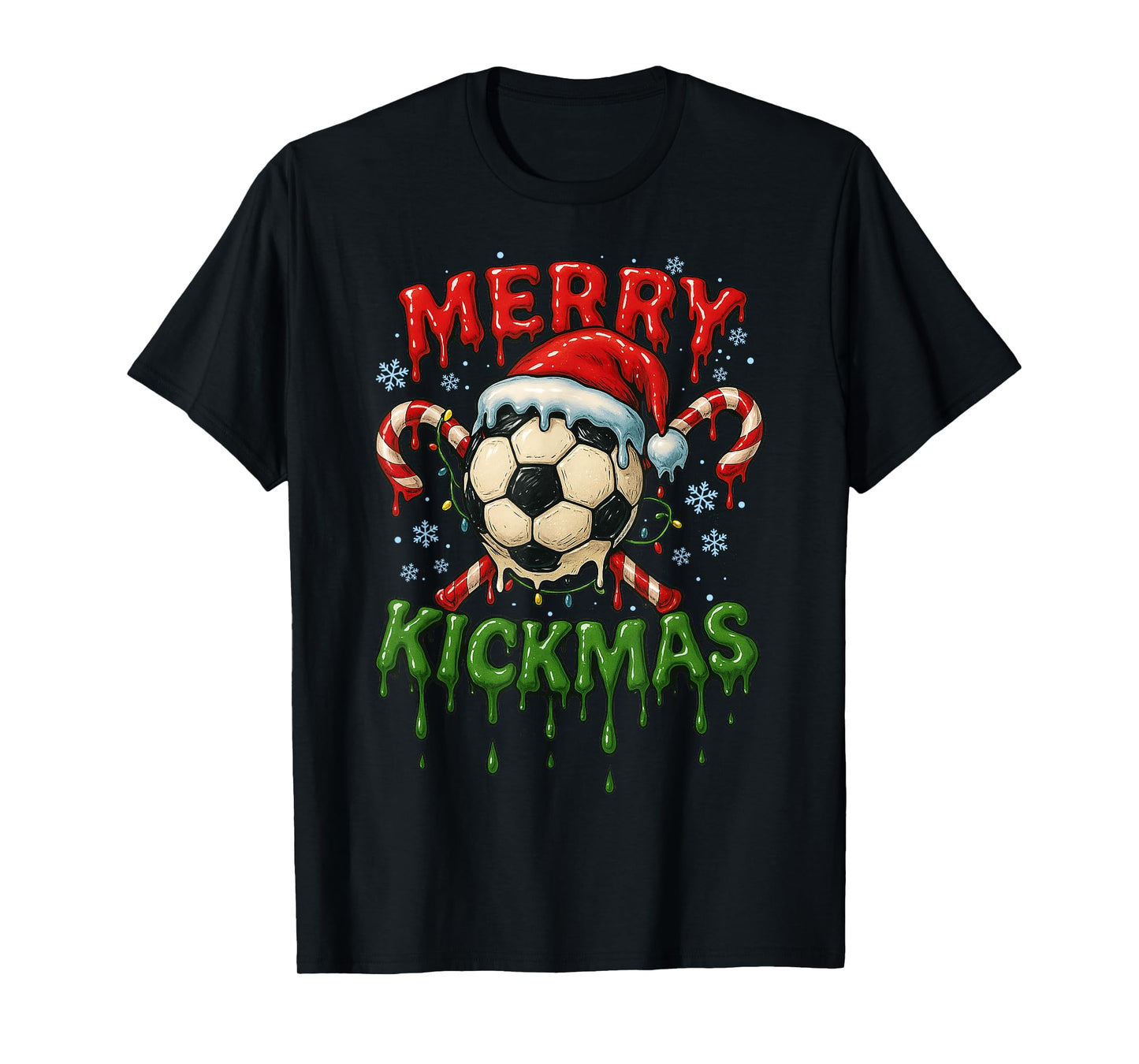 Merry Kickmas Soccer Christmas Candy Cane Ice Cream Dripping T-Shirt
