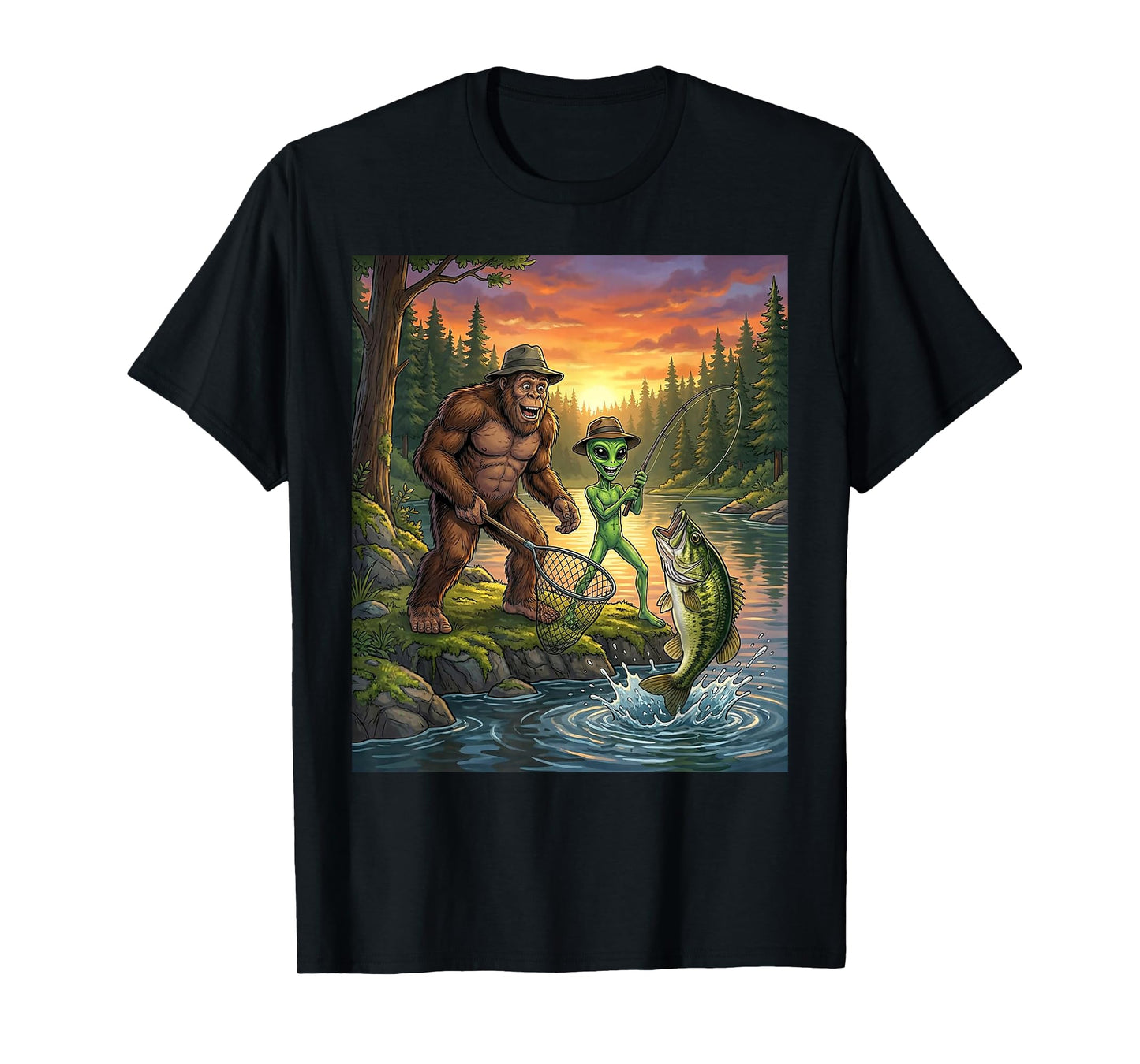 Funny Bigfoot Fishing Mens Alien Sasquatch Fishing Boys T-Shirt