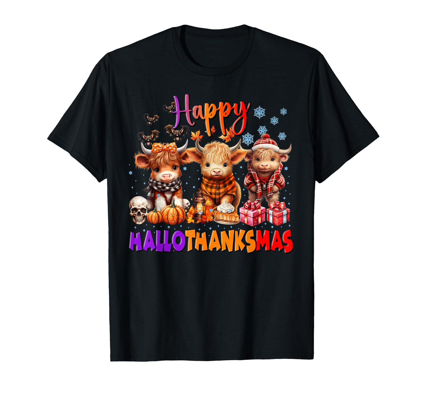 Hallothanksmas Highland Cow Halloween Thanksgiving Christmas T-Shirt