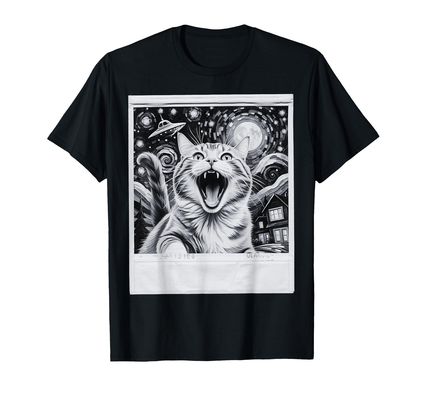 Starry Night Vintage Cat Polaroid Selfie UFO T-Shirt